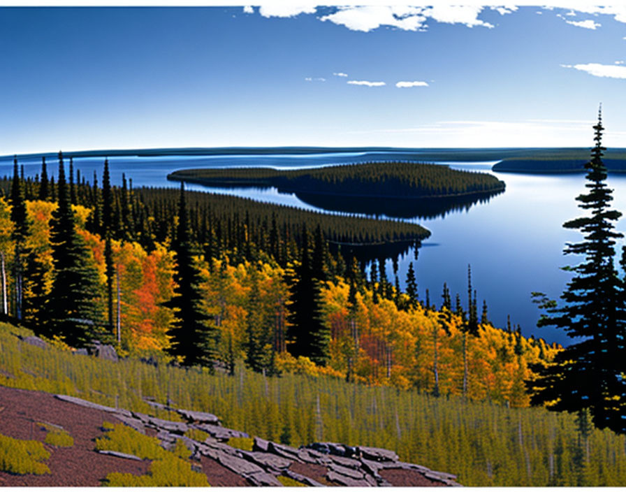 Tranquil lake in autumn forest under blue sky