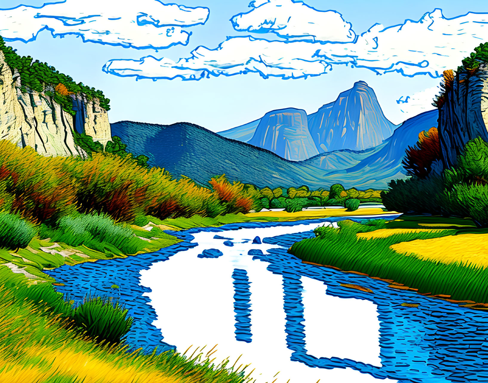 Colorful landscape with blue river, lush valley, cliffs, and mountains