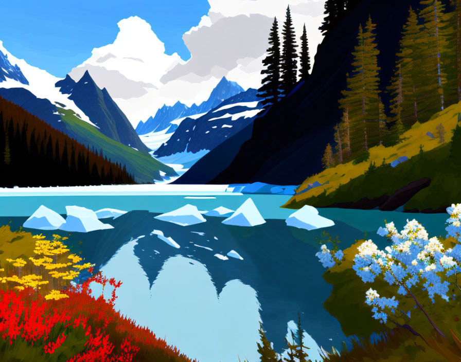 Vibrant mountain landscape with lake, icebergs, wildflowers, and evergreen trees