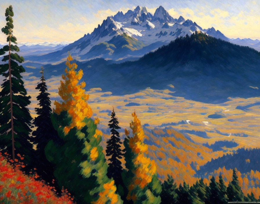 Vibrant landscape with autumn trees and mountain range under clear sky