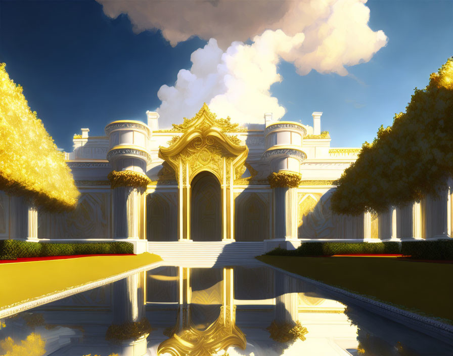 Digital artwork of grand palace with gold details, symmetrical columns, and water reflection against clear sky.