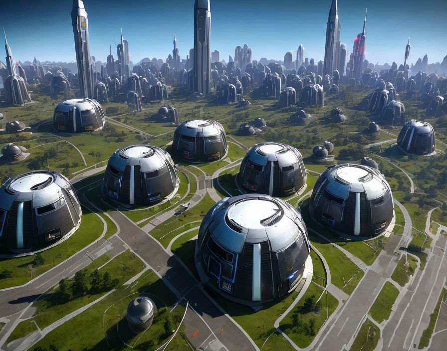 Futuristic cityscape with dome structures, skyscrapers, green spaces, and roadways