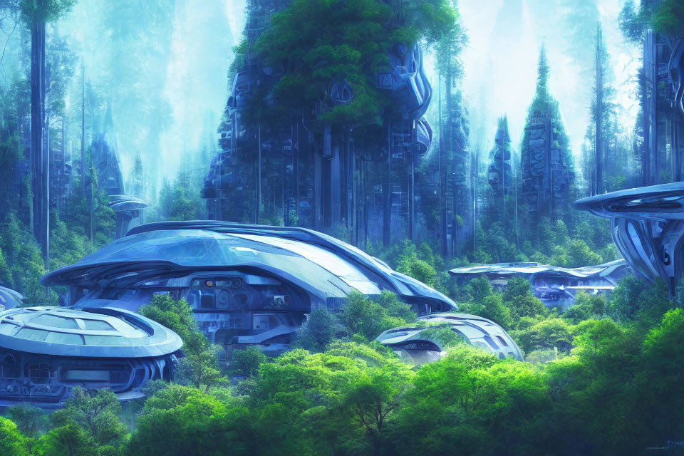 Futuristic city in lush forest with advanced dome-shaped buildings