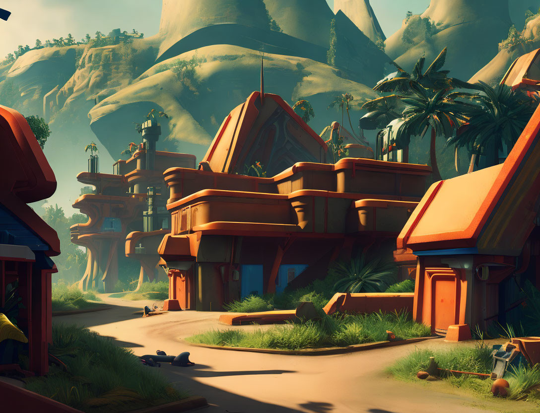 Serene futuristic village with terracotta-roofed buildings nestled among lush green mountains