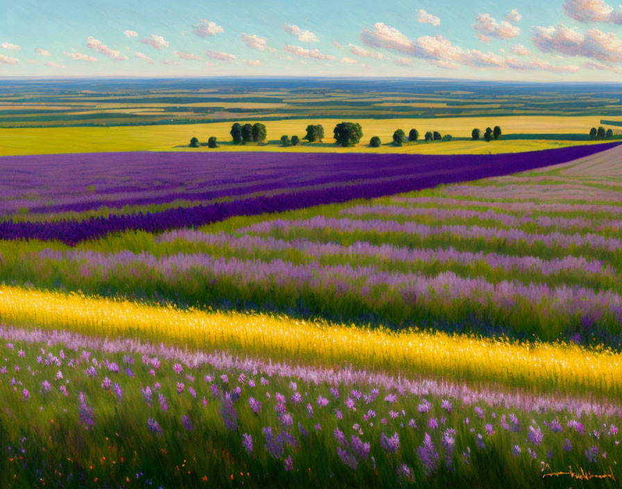 Lavender and Golden Fields Landscape Painting