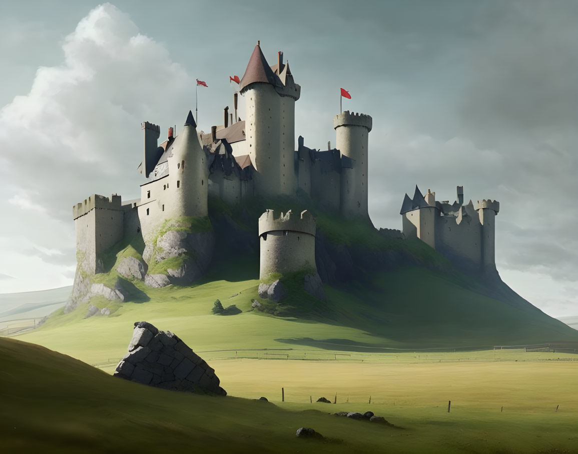 Castle with multiple towers and red flags on grassy hill under cloudy sky