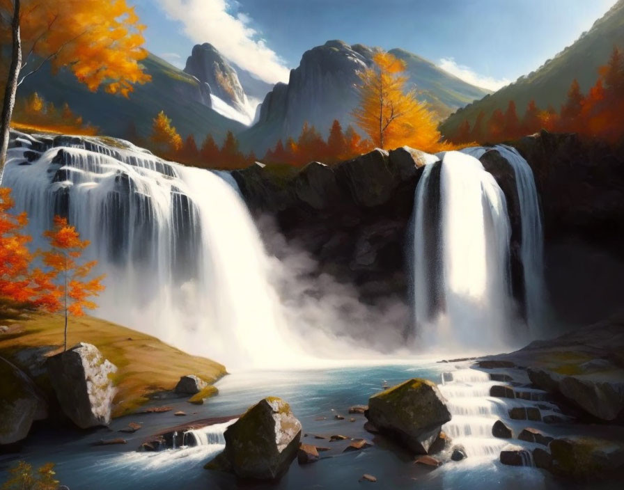 Tranquil waterfall in autumn forest with sunlit sky