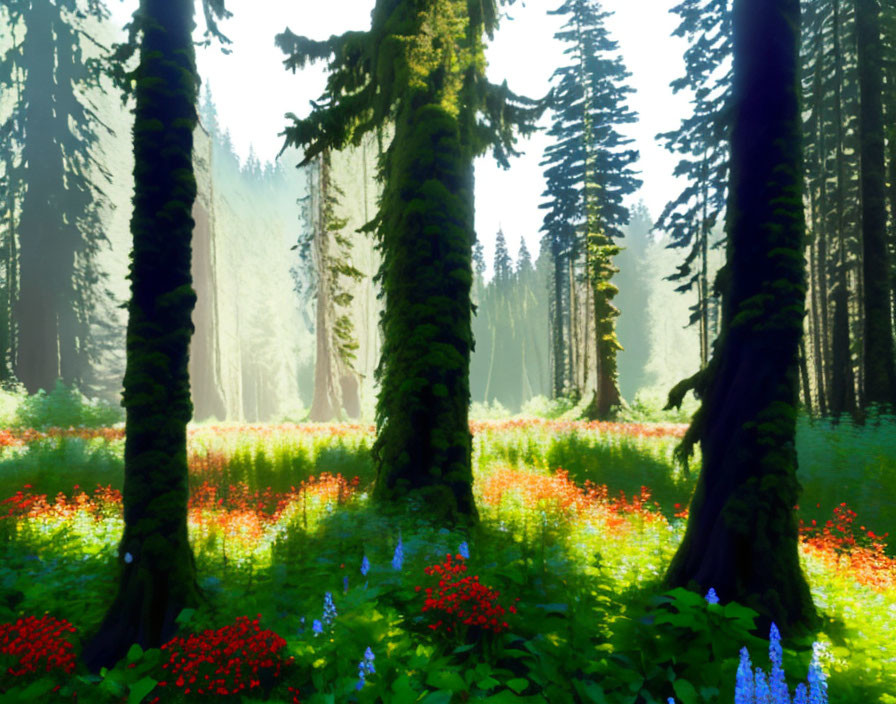 Lush forest clearing with colorful wildflowers and towering trees