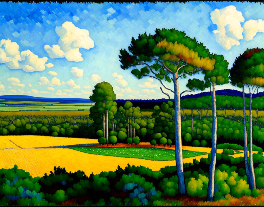 Colorful landscape painting with stylized trees and patchwork field under blue sky