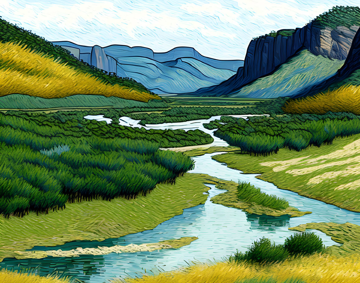 Stylized landscape artwork: meandering river, green valley, yellow foliage, tall cliffs