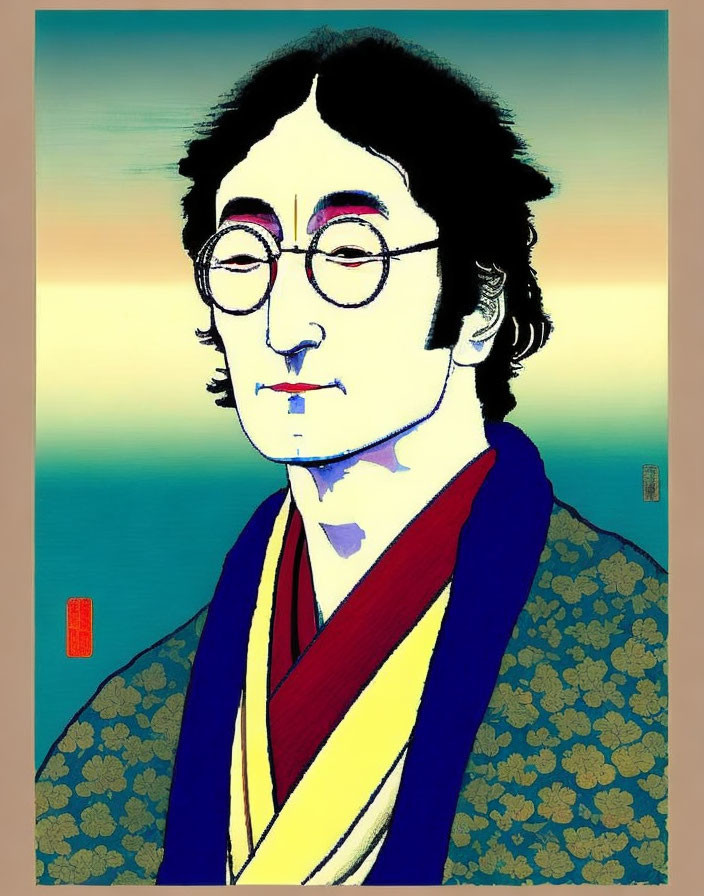 Person in Spectacles Wearing Traditional Japanese Garment on Gradient Background