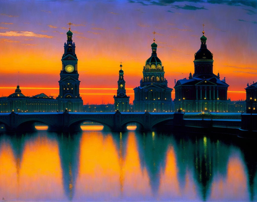 Vibrant sunset silhouettes ornate church domes and spires over tranquil river.