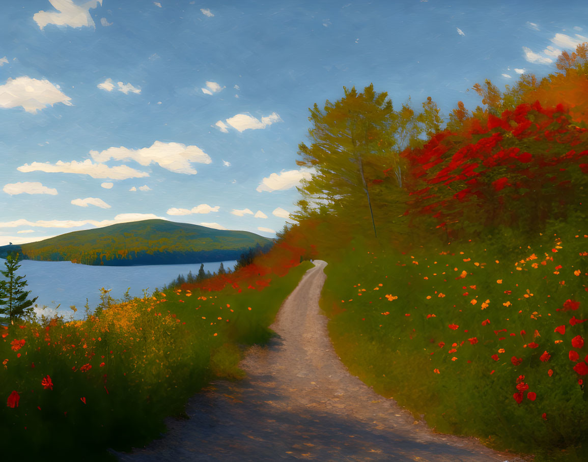 Colorful wildflowers field with dirt path, lake, hills, and cloudy sky