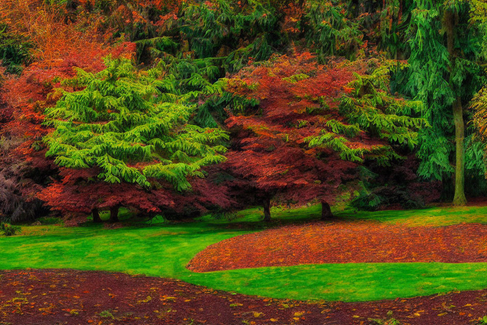 Park scenery: Vibrant autumn colors, red and green trees, fallen leaves on lush grass