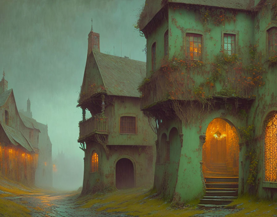 Vintage houses covered in vines and moss in a moody street scene