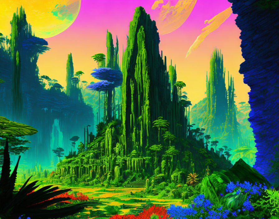 Mysterious alien landscape with green rock formations, exotic flora, two moons, and ancient stairway.