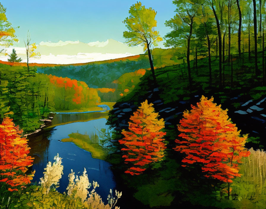 Colorful Autumn Landscape with River and Forest