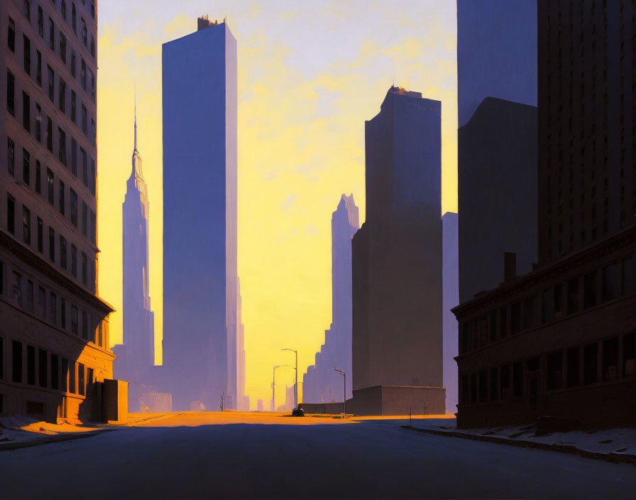 Cityscape painting at sunset with long shadows and warm amber light.