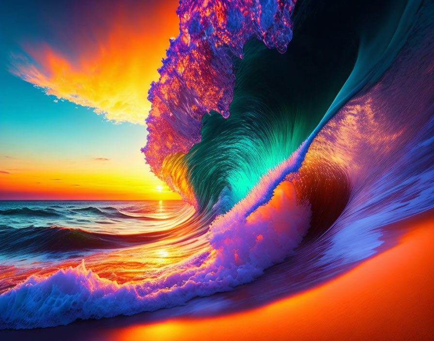 Colorful Wave Curling Against Sunset Sky and Turquoise Ocean