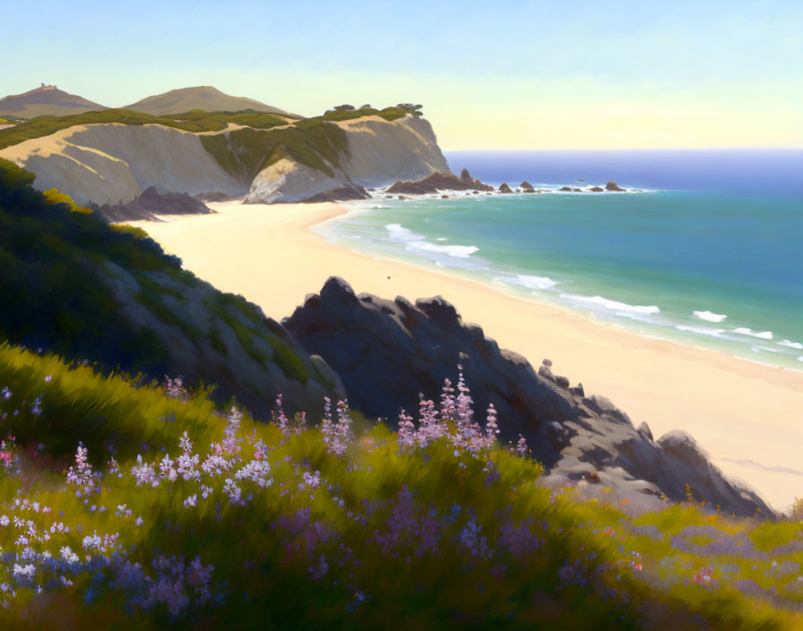 Tranquil beach landscape with clear sky, golden sands, gentle waves, greenery, and purple