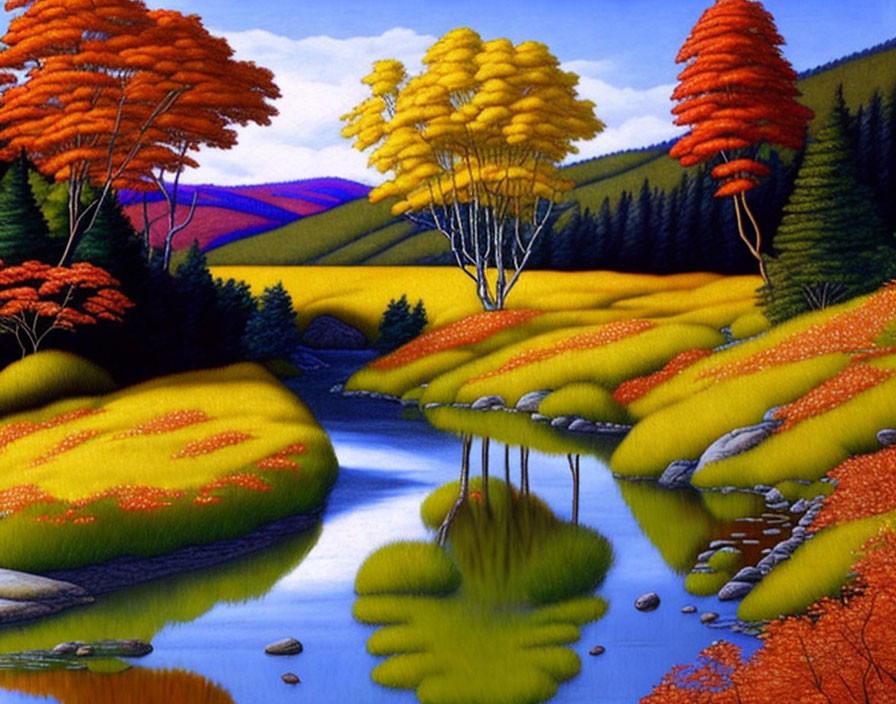 Colorful landscape painting: Serene river, lush trees, rolling hills