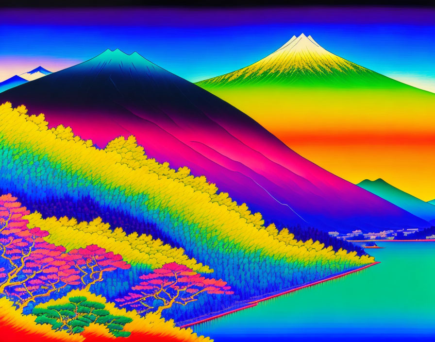 Colorful Neon Mountains and Radiant Trees in Reflective Landscape