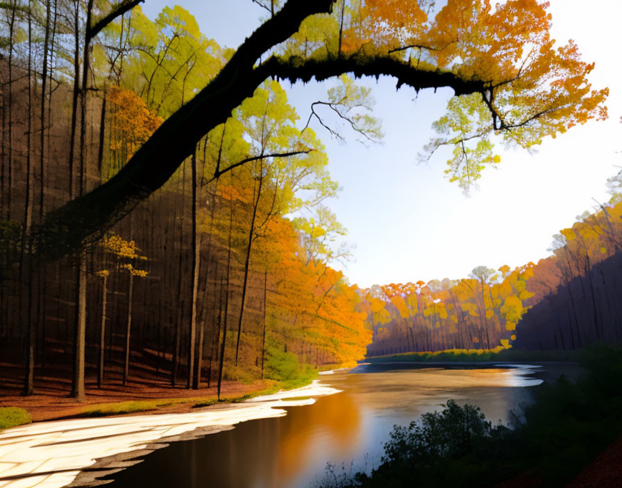 Autumn river landscape with vibrant fall colors and clear blue sky