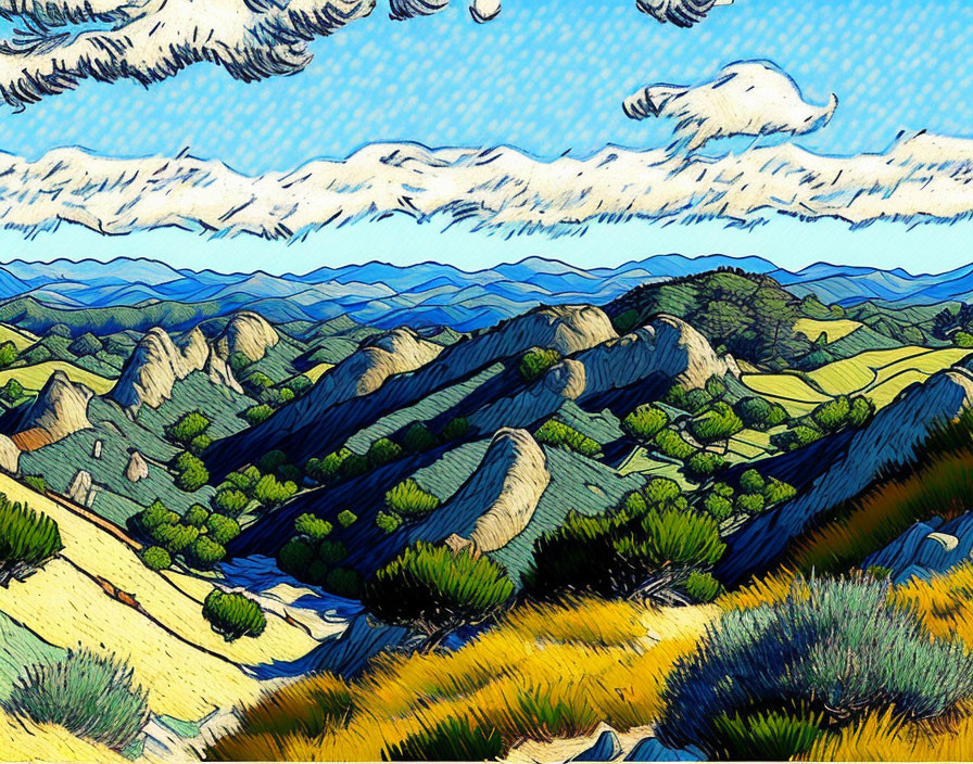 Colorful Stylized Landscape with Rolling Hills and Blue Sky
