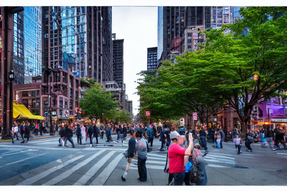 Urban cityscape with pedestrians, high-rises, trees, and clear dusk sky