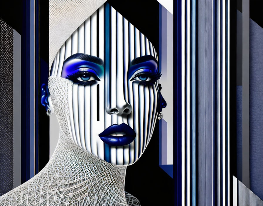 Digital art: Woman's face fused with geometric patterns in blue makeup and monochrome tones