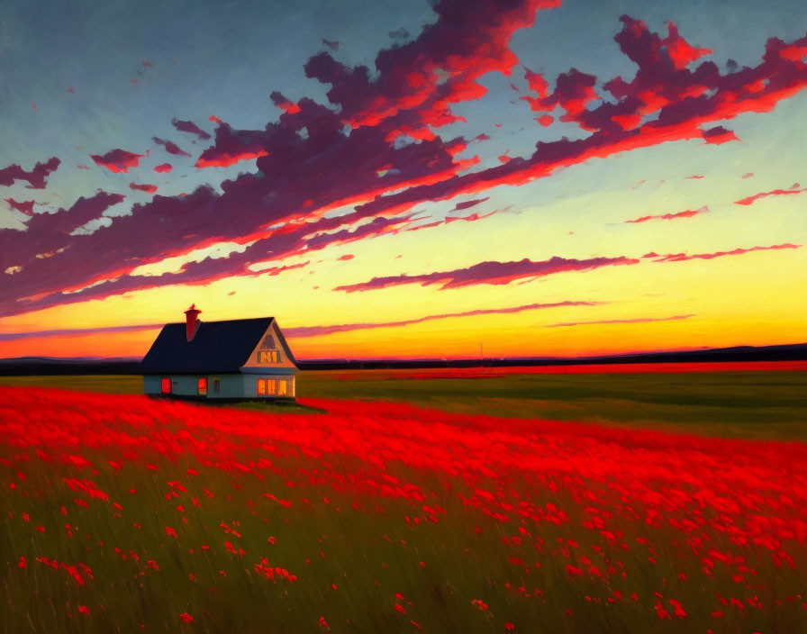 Rural landscape with solitary house, red flowers, and vibrant sunset sky