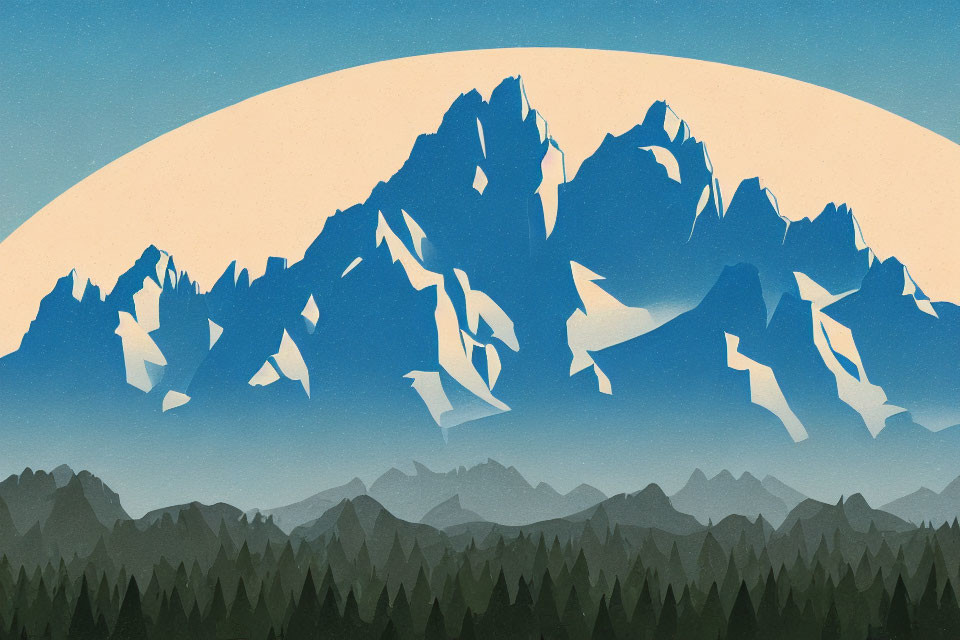 Mountain Range with Snow-Peaks and Moon Over Forest Silhouettes