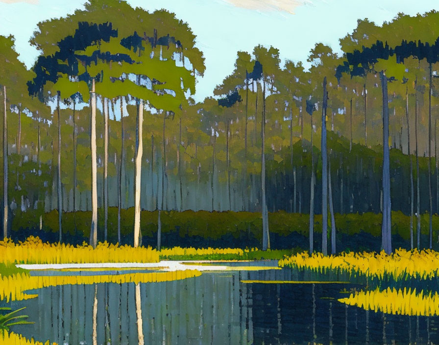 Serene forest scene with tall trees and calm blue water in stylized painting