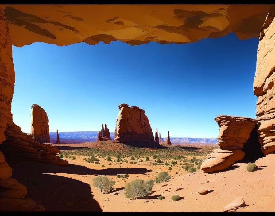 Desert landscape: Red sandstone formations from cave opening