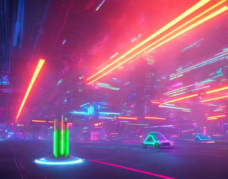 Futuristic neon-lit cityscape with flying vehicles and autonomous car