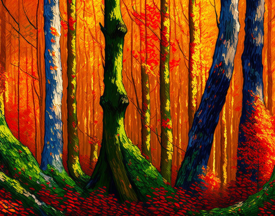 Vibrant autumn forest with fiery red and orange leaves and warm sunlit tree trunks