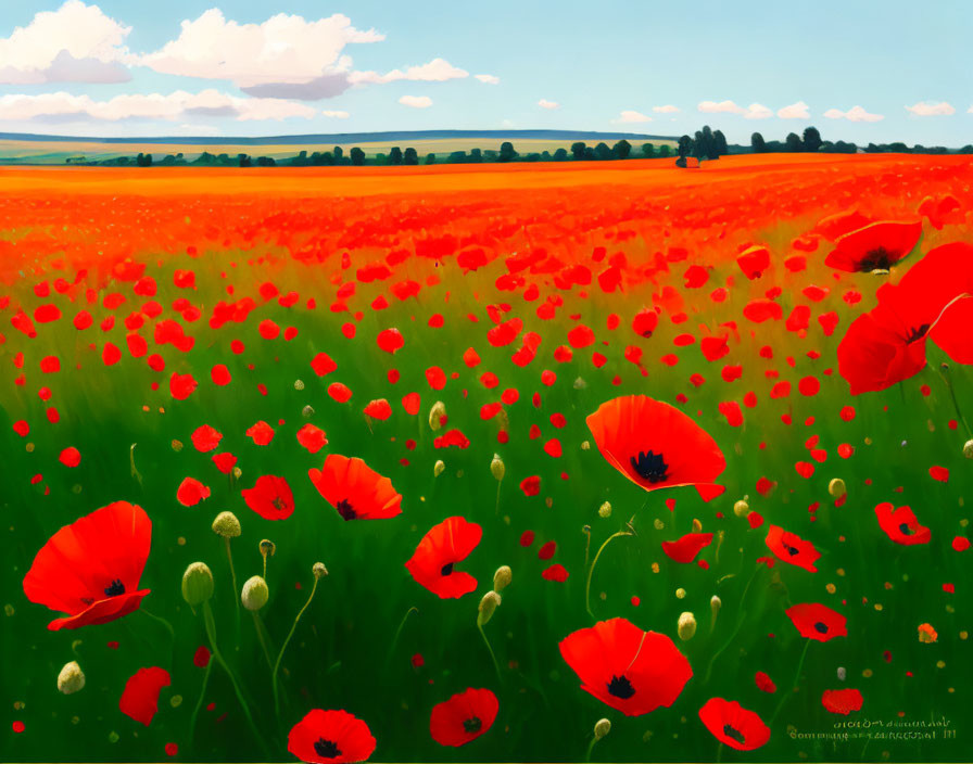 Red poppies field under blue sky with fluffy clouds and green hills landscape