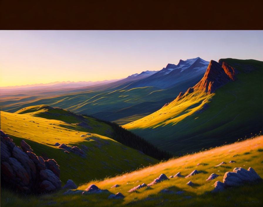 Tranquil landscape: green hills, sunset glow, distant mountains