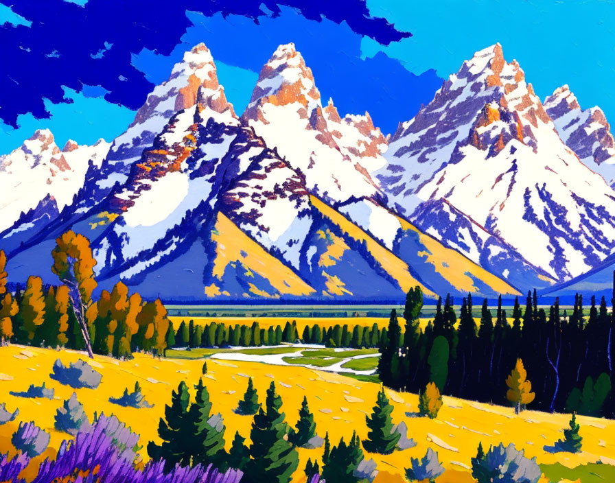 Scenic mountain range painting with snow-capped peaks and forest under clear blue sky