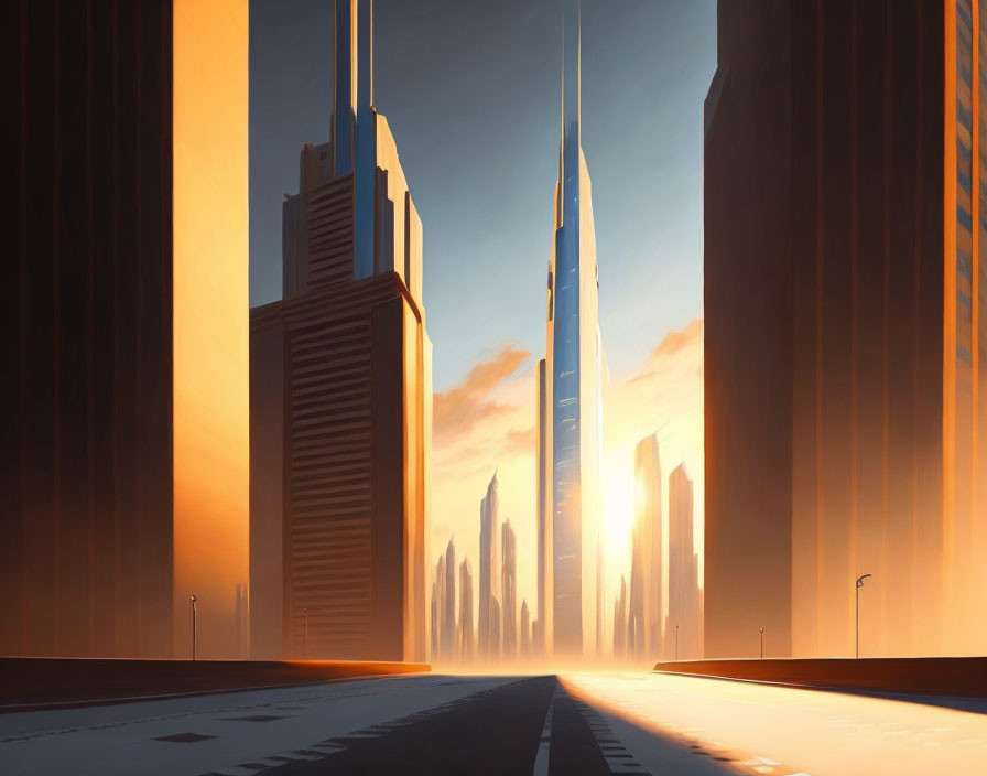 Futuristic cityscape with towering skyscrapers and empty boulevard