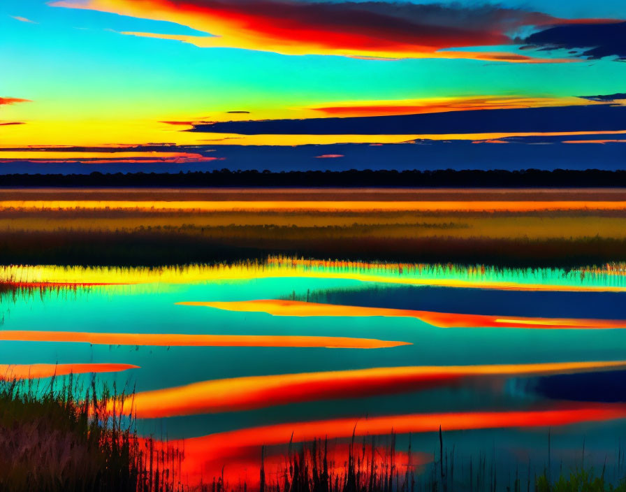 Colorful sunset reflecting on lake with grass silhouettes