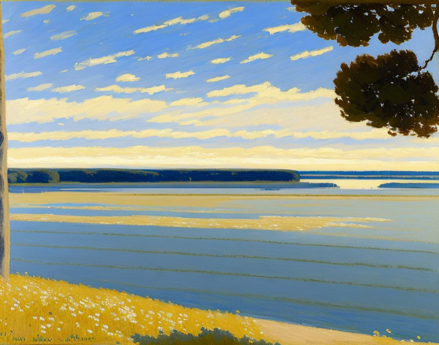 Serene landscape painting with blue sky, golden field, and calm water