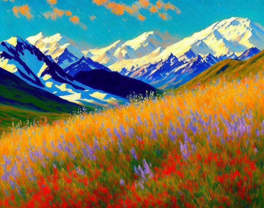 Colorful meadow painting: flowers, mountains, blue sky