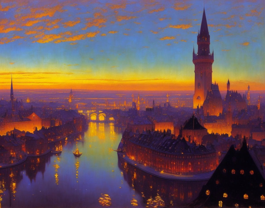 Vivid Fantasy Cityscape at Dusk with Tower, Bridges, and Boats