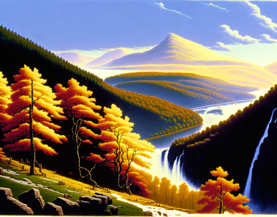 Scenic autumn landscape with golden trees, waterfall, and river