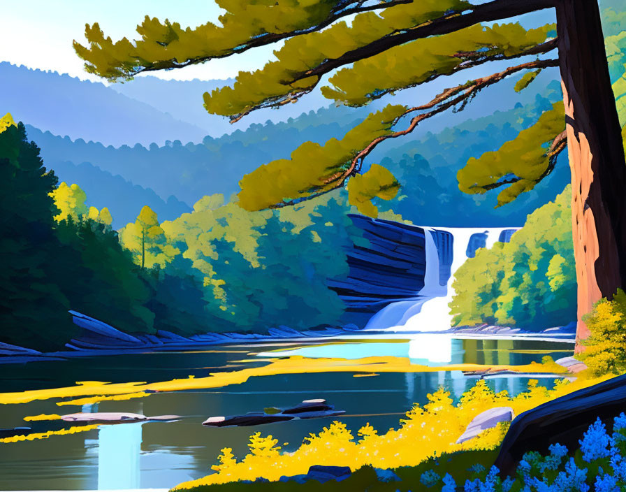 Colorful Digital Illustration of Forest Waterfall with Yellow Foliage