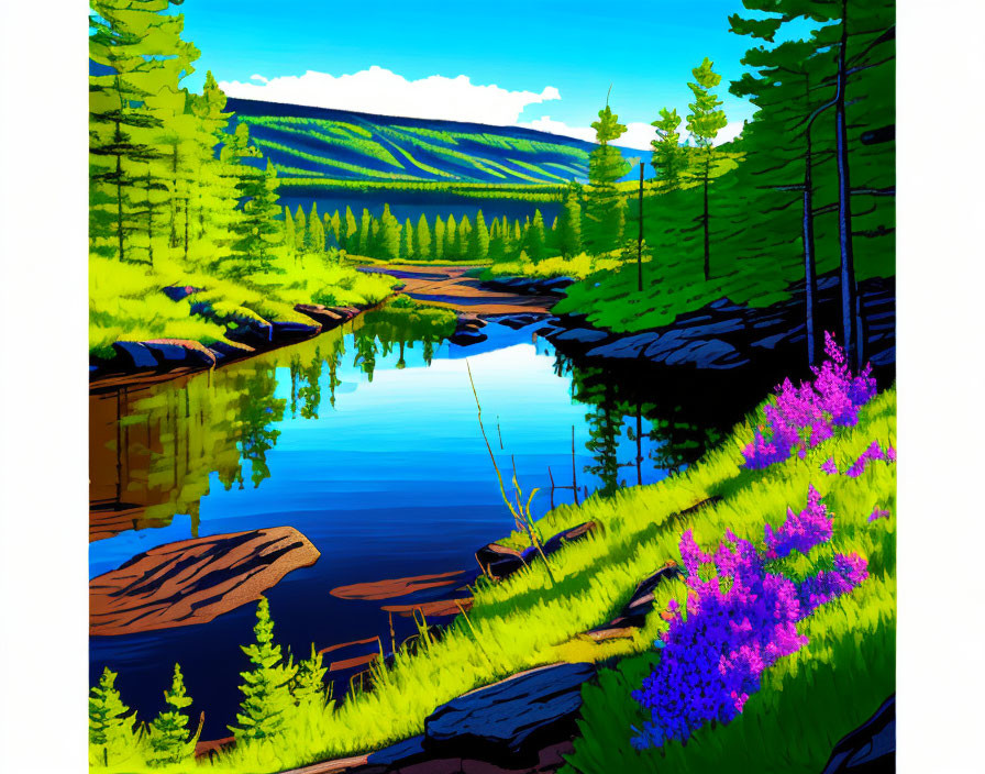 Colorful digital landscape: river, green forests, blue sky, purple flowers.