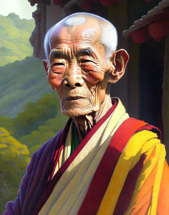 Elderly man in traditional robes against scenic backdrop