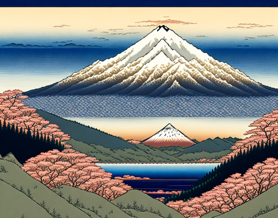 Stylized Mount Fuji with reflection in lake, hills, cherry blossoms, gradient sky