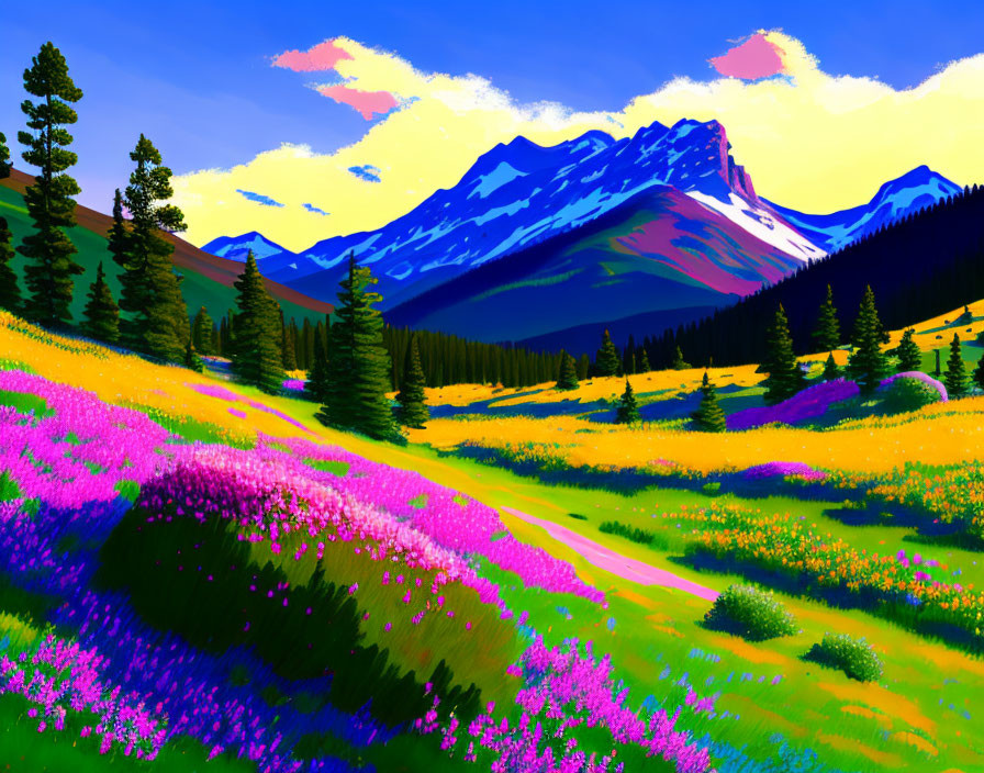 Mountain landscape digital painting with purple flowers, green trees, and blue sky